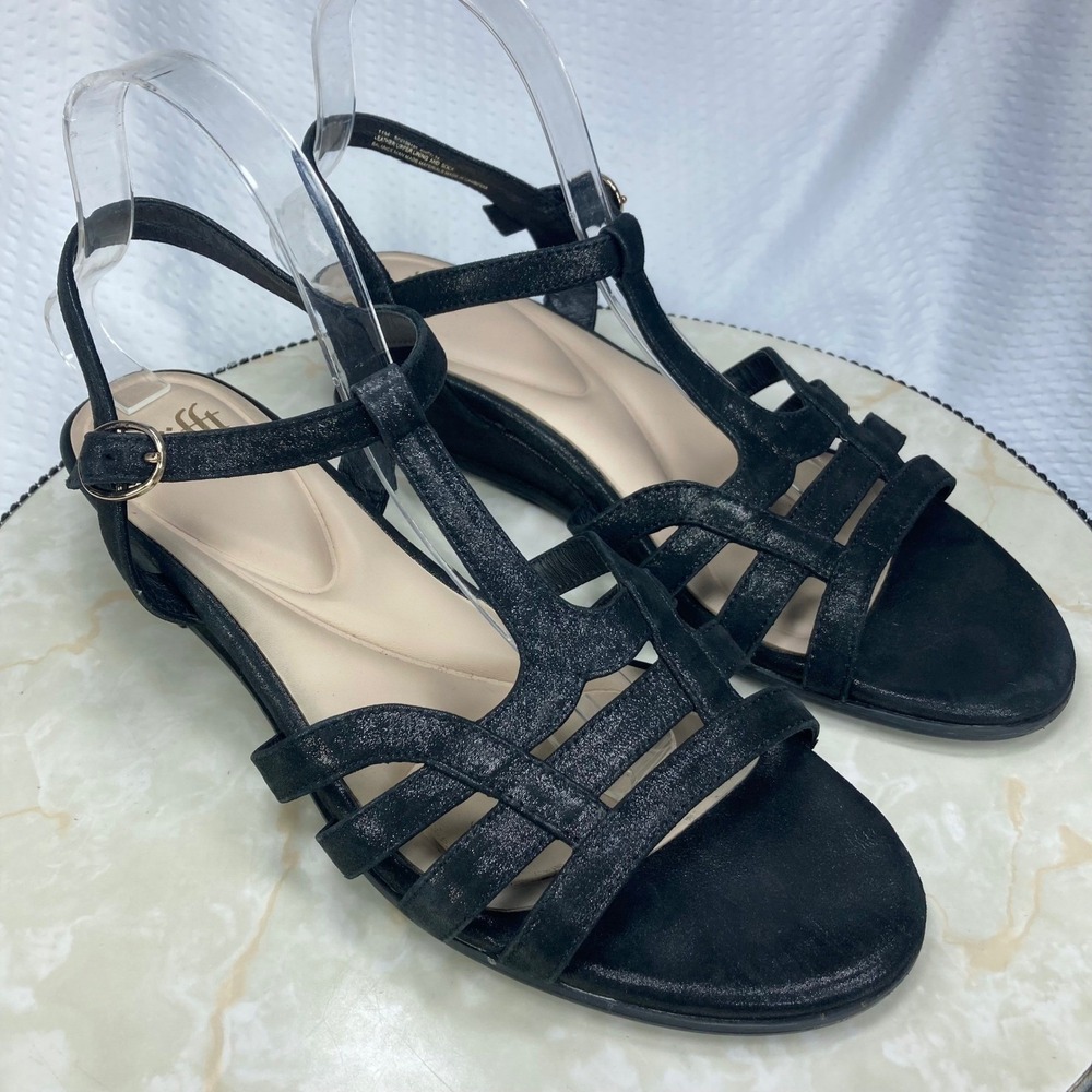 Sofft Shimmer Leather Strappy Wedge Sandals Women 11 Black Comfort Evening Chic